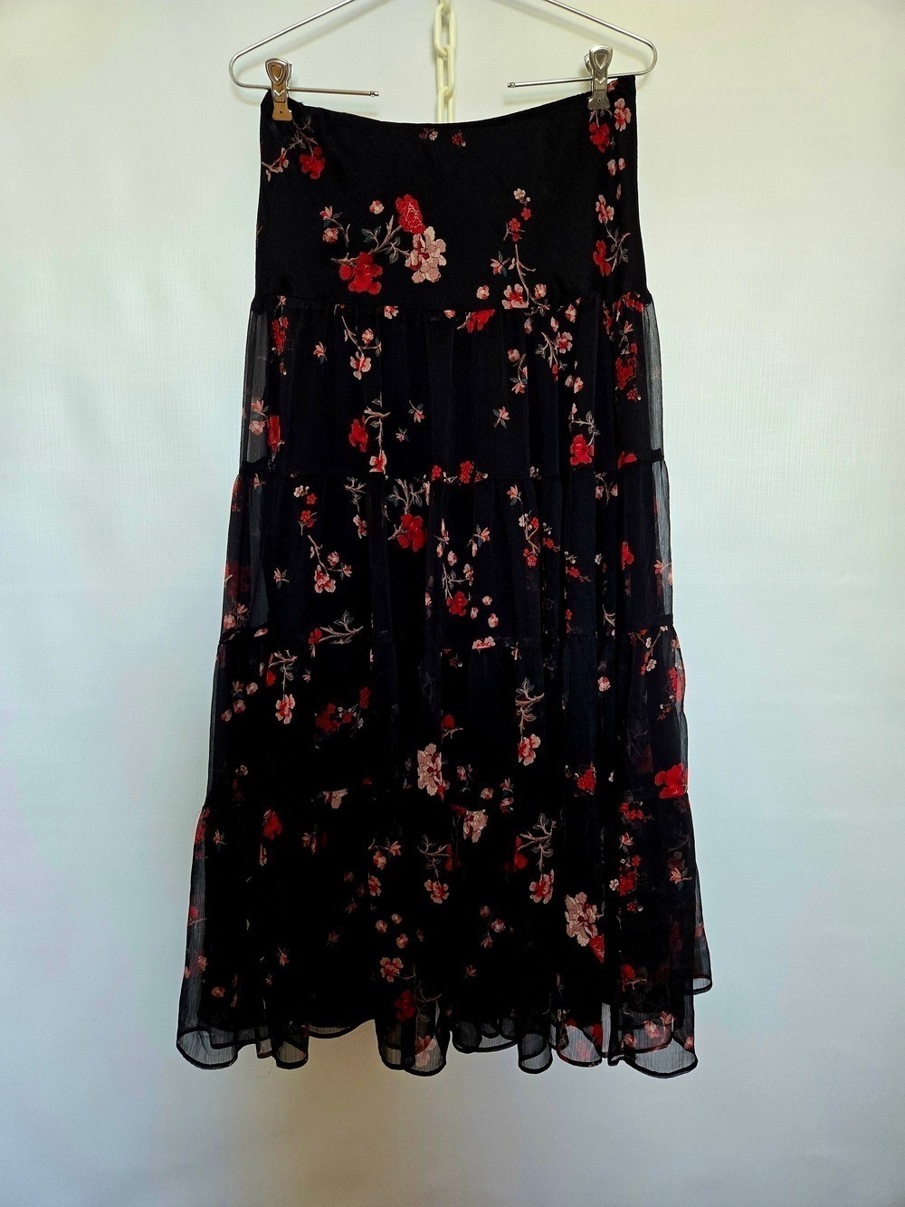 LAUREN RALPH LAUREN MAXI SKIRT WOMEN FLORAL TIERED BLACK RED SZ SMALL